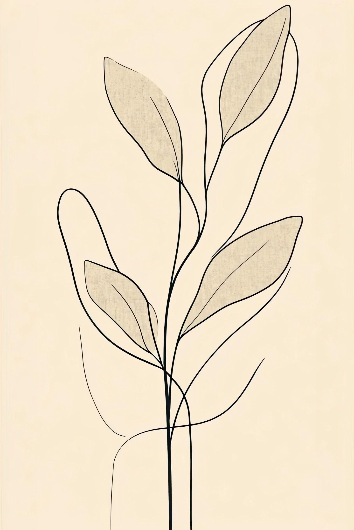 Volledige weergave van “Fluistergroei”, een minimalistisch kunstwerk van een plant in lijntekening met zachte beige en zandtinten
