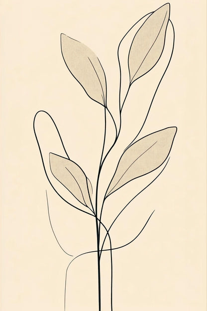 Volledige weergave van “Fluistergroei”, een minimalistisch kunstwerk van een plant in lijntekening met zachte beige en zandtinten
