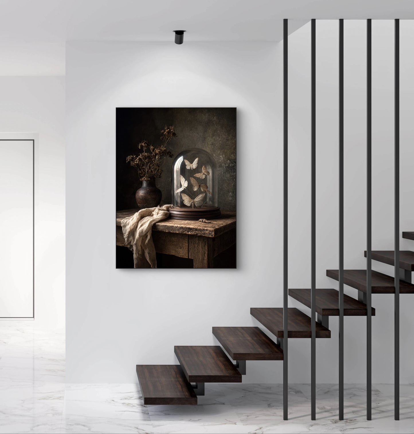 Mock-up van kunstwerk Fluistering van Vleugels aan de muur naast moderne trap 
