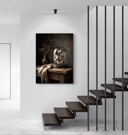 Mock-up van kunstwerk Fluistering van Vleugels aan de muur naast moderne trap 
