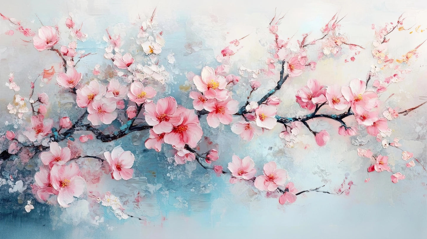 Volledig kunstwerk met bloeiende takken in roze en wit tegen een blauw en beige luchtverloop
