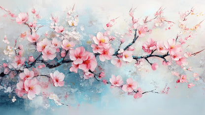 Volledig kunstwerk met bloeiende takken in roze en wit tegen een blauw en beige luchtverloop
