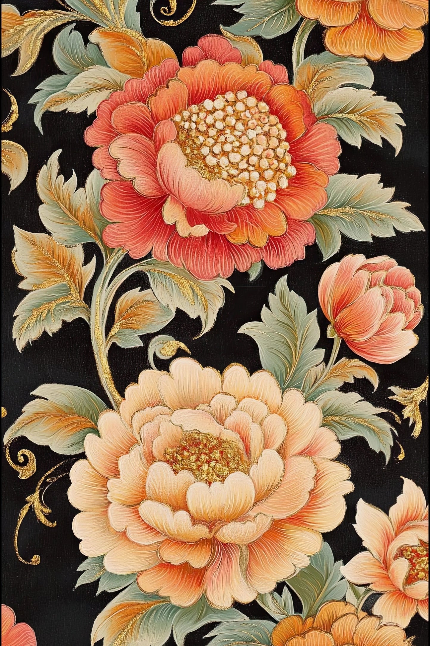 Volledig kunstwerk met rijk gedecoreerde bloemen in oosterse stijl op zwarte achtergrond
