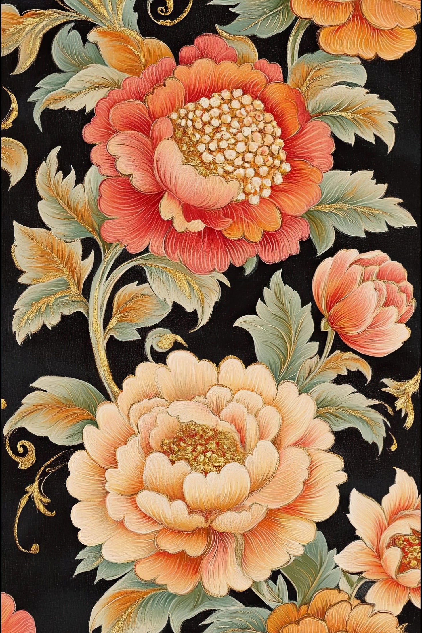 Volledig kunstwerk met rijk gedecoreerde bloemen in oosterse stijl op zwarte achtergrond
