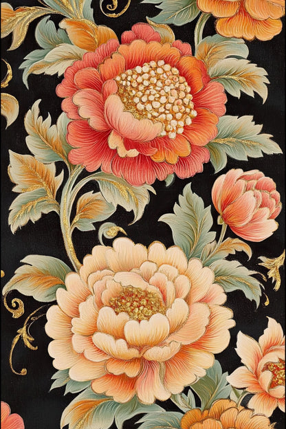 Volledig kunstwerk met rijk gedecoreerde bloemen in oosterse stijl op zwarte achtergrond
