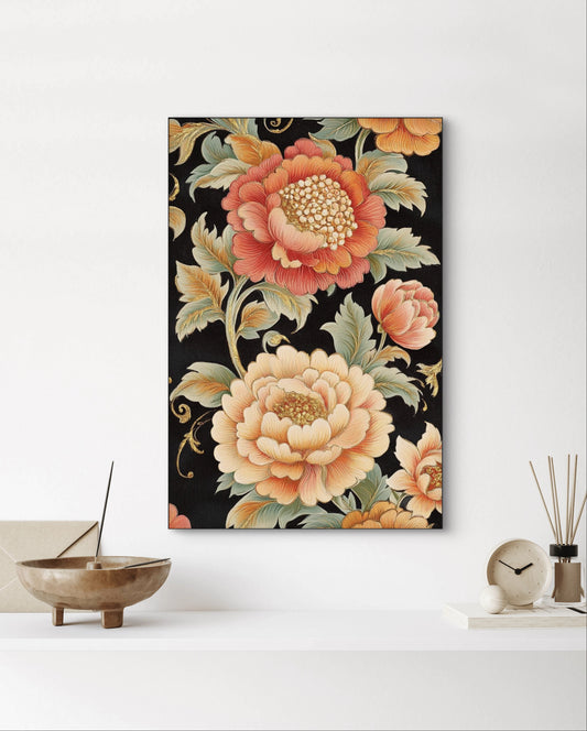 Textielkunstwerk met grote bloemen in warme tinten op zwarte achtergrond, hangend boven witte plank met Japanse stijl accessoires
