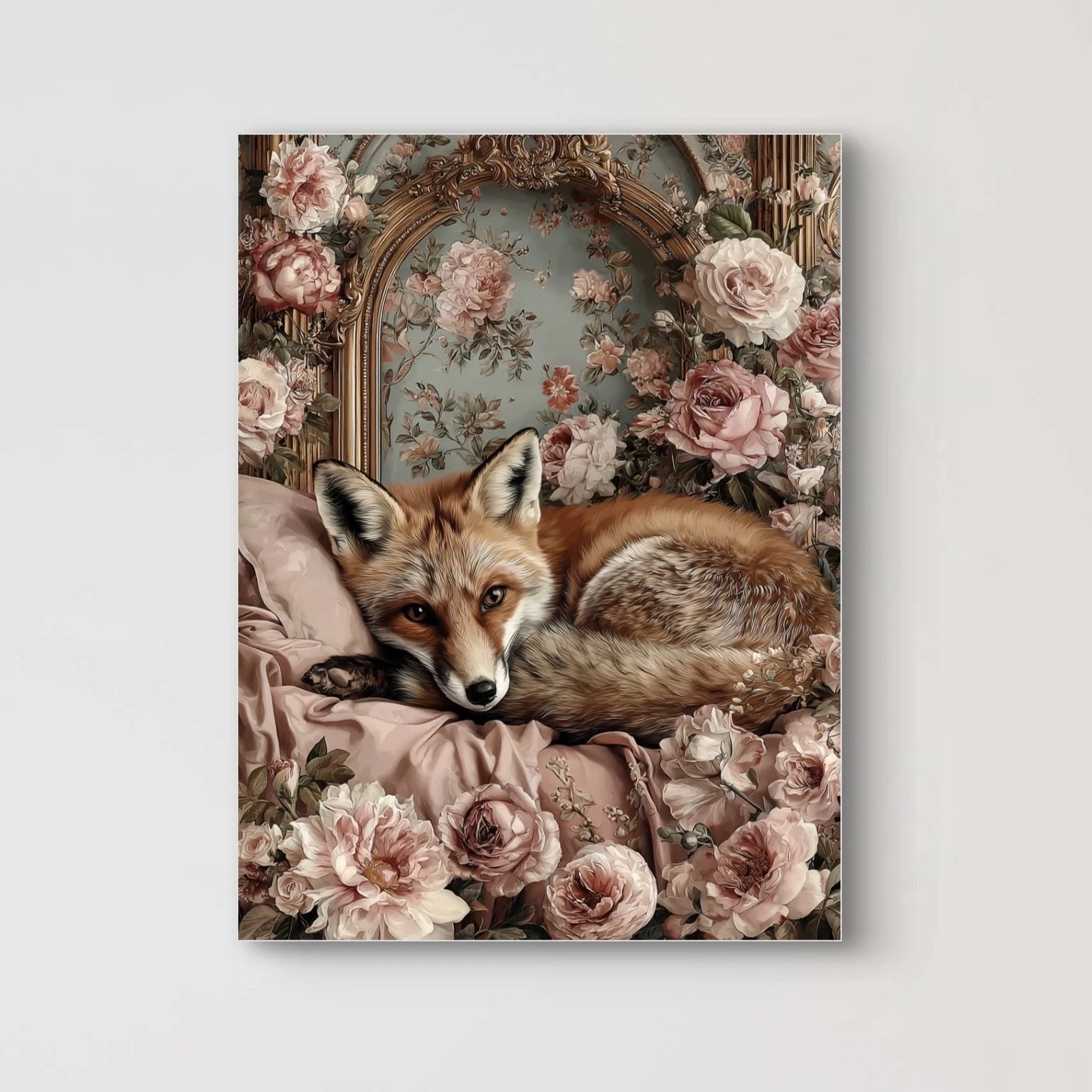 Detail van Fluweelvos met vos tussen rozenbloemen in zachte tinten  
