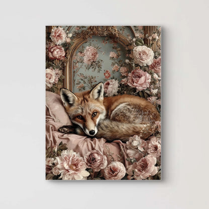 Detail van Fluweelvos met vos tussen rozenbloemen in zachte tinten  
