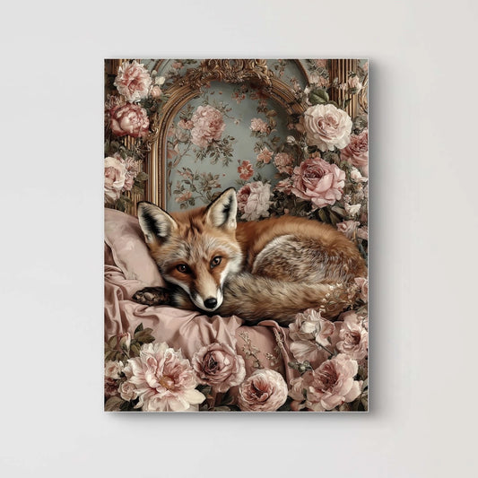 Detail van Fluweelvos met vos tussen rozenbloemen in zachte tinten  
