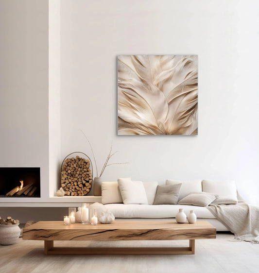 Wandkunst met zachte veren in modern beige interieur met haard en houten salontafel
