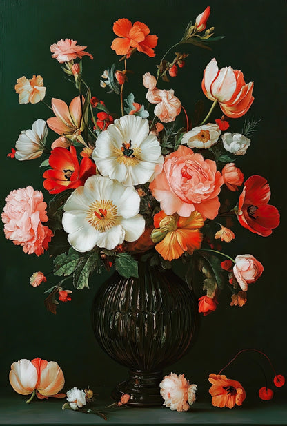 Volledige weergave van Fluwelen Bloei met klassiek bloemstilleven tegen donkergroene achtergrond
