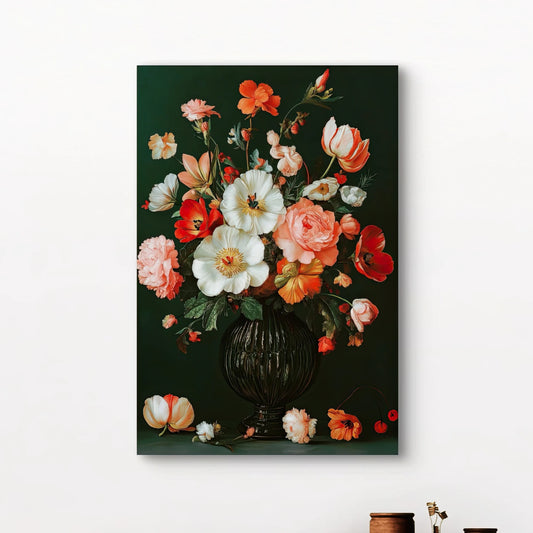 Detail van Fluwelen Bloei met roze, witte en rode bloemen in donkere vaas
