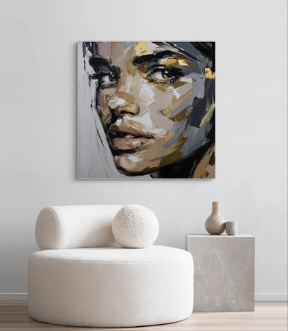 Kunstwerk Fragment van Haar boven beige fauteuil in modern interieur
