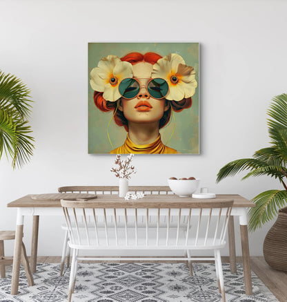 Textielkunstwerk Freckled Sun boven houten eettafel met witte accenten en zomerse styling  
