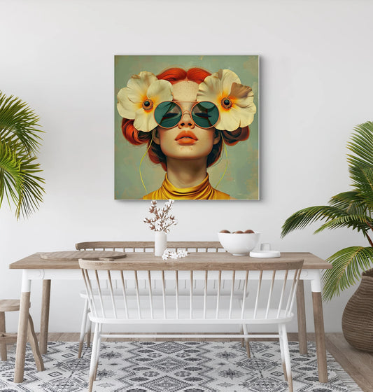 Textielkunstwerk Freckled Sun boven houten eettafel met witte accenten en zomerse styling  
