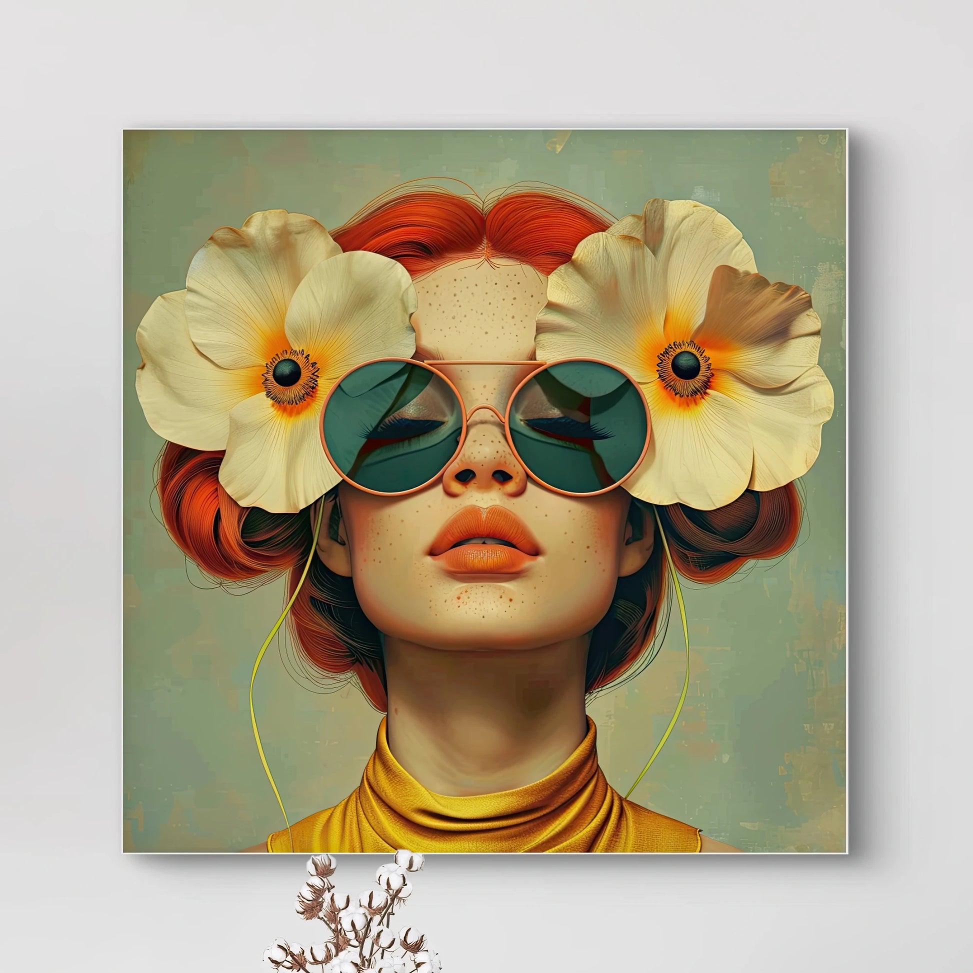 Detail van Freckled Sun met rode haren, gele bloemen en spiegelende zonnebril  
