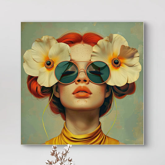 Detail van Freckled Sun met rode haren, gele bloemen en spiegelende zonnebril  
