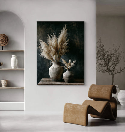 Mock-up van kunstwerk Gefluister van Steen aan de muur boven modern interieur met designstoel 
