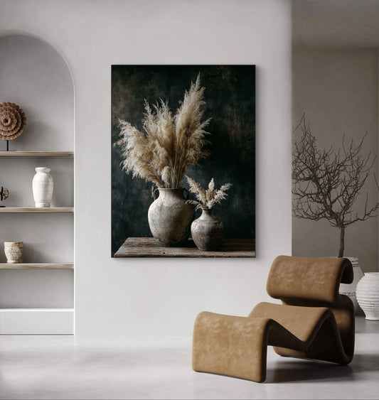 Mock-up van kunstwerk Gefluister van Steen aan de muur boven modern interieur met designstoel 
