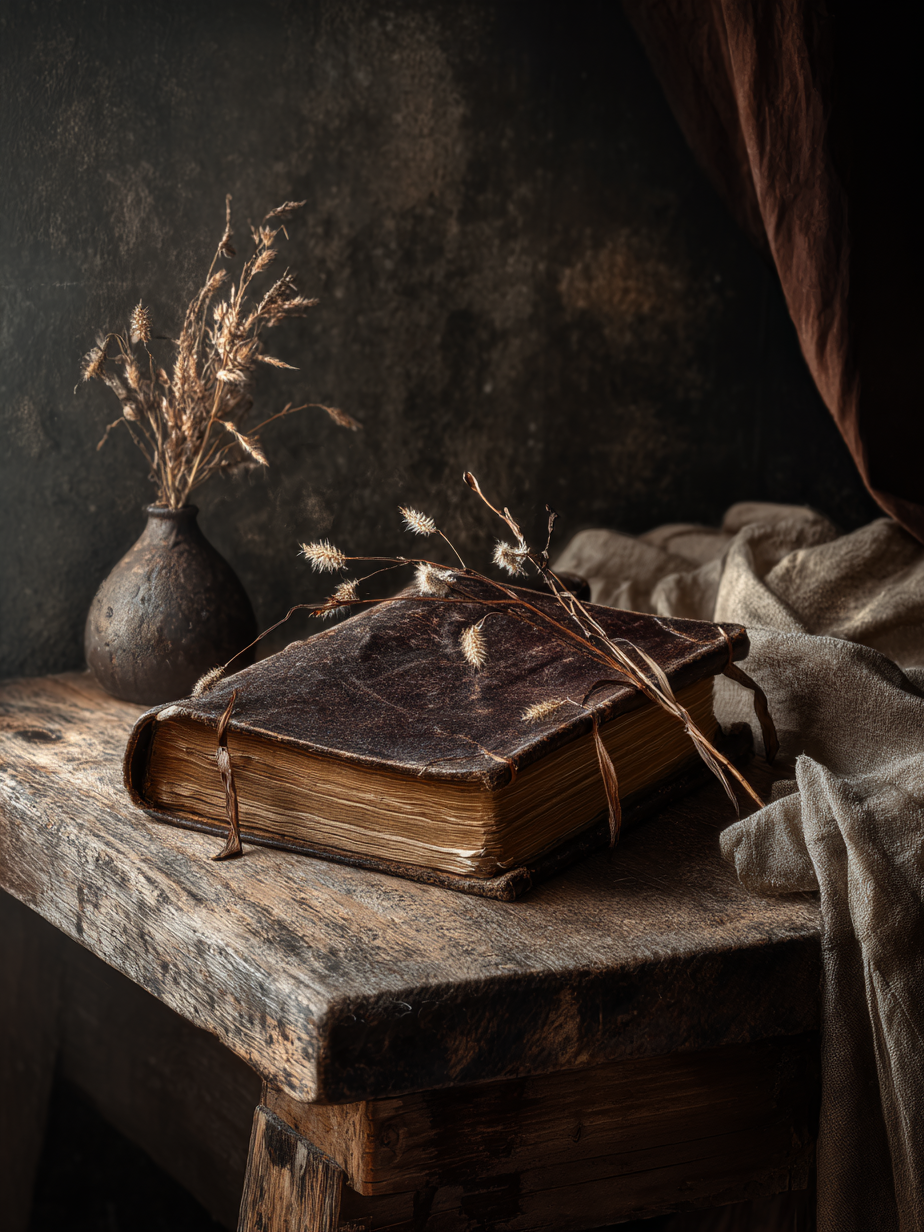 Volledig kunstwerk Geheim van Inkt met verweerd boek en aardse details in zachte tinten 
