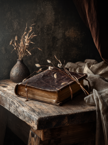 Volledig kunstwerk Geheim van Inkt met verweerd boek en aardse details in zachte tinten 
