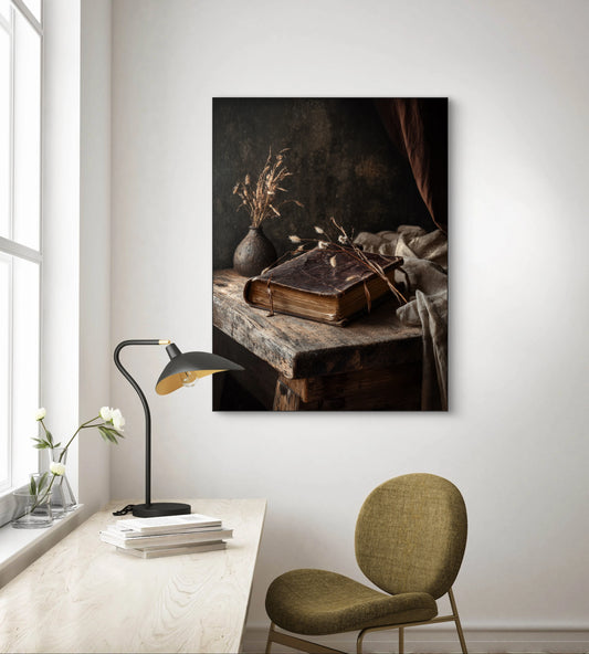 Mock-up van kunstwerk Geheim van Inkt aan de muur boven bureau met lamp en stoel 
