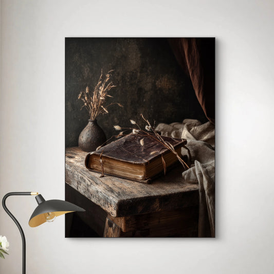 Detailopname van kunstwerk Geheim van Inkt met oud boek en vaasje op houten tafel 
