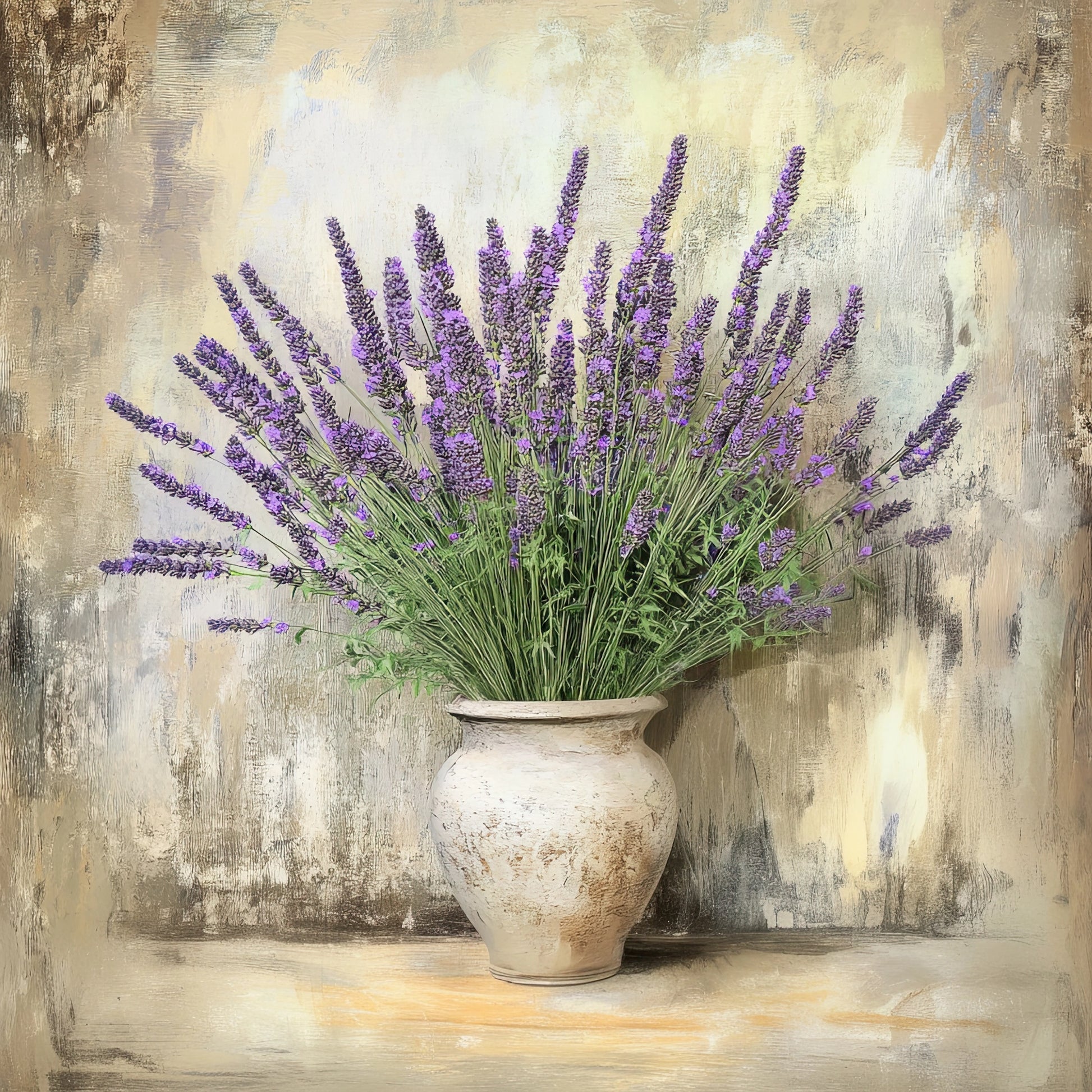 Volledige weergave van Geheim van Lavendel met paarse bloemen in rustieke vaas
