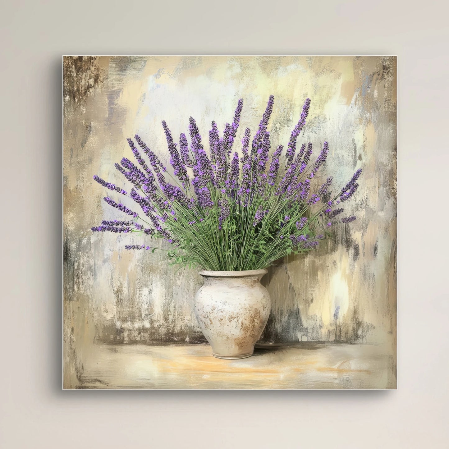 Detail van lavendelbloemen in aardewerken vaas tegen verweerde achtergrond
