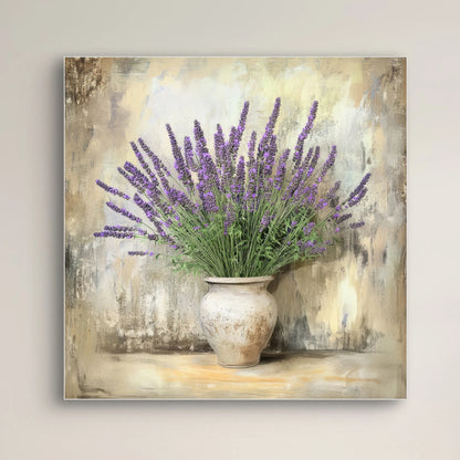 Detail van lavendelbloemen in aardewerken vaas tegen verweerde achtergrond
