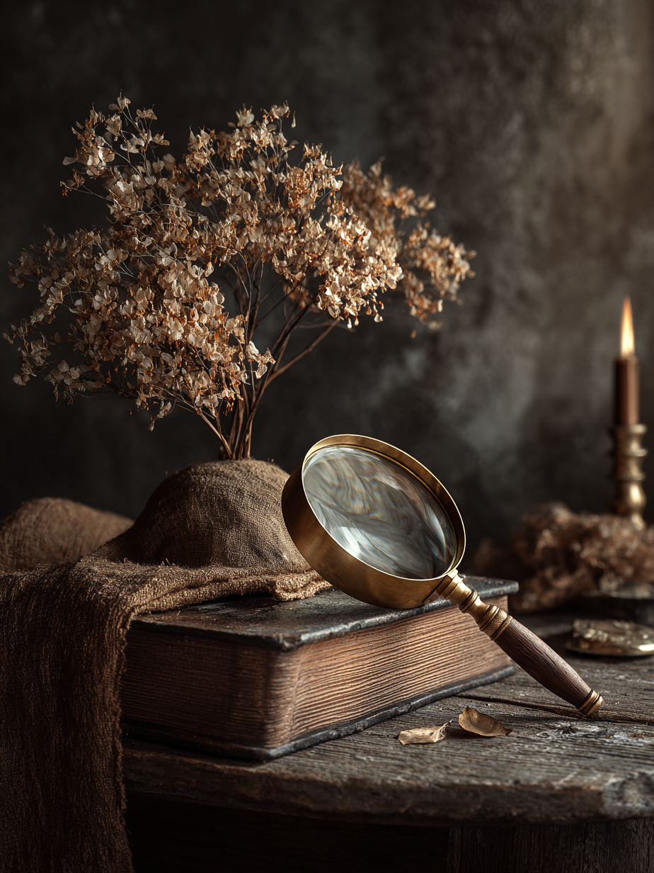 Volledig kunstwerk Geheugen van Papier met stilleven van oud boek, vergrootglas en gedroogde bloemen 
