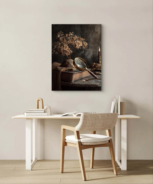 Mock-up van kunstwerk Geheugen van Papier aan de muur boven minimalistisch bureau met houten stoel 
