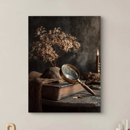 Detailopname van kunstwerk Geheugen van Papier met oud boek, vergrootglas en kaars 
