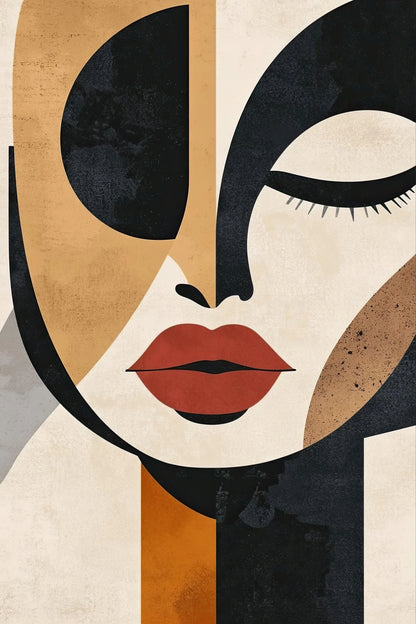 Volledige weergave van Geometric Grace, abstract portret in zwart, wit en aardetinten met moderne vormen  
