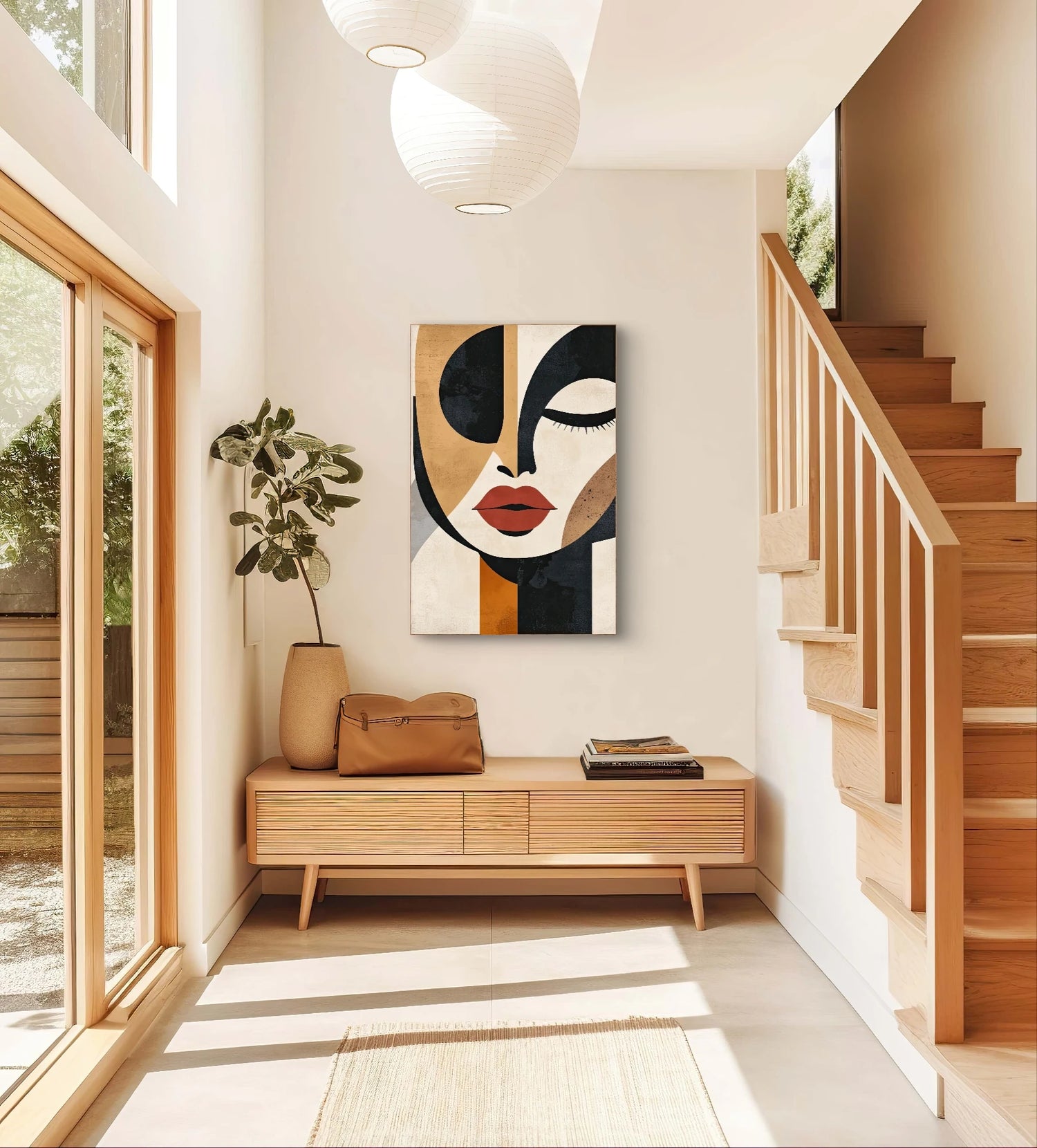 Textielkunstwerk Geometric Grace boven houten bankje in natuurlijke hal met lichtinval  
