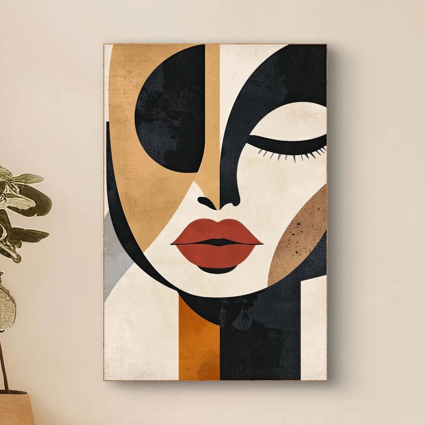 Detail van Geometric Grace met geometrisch vrouwengezicht en rode lippen  
