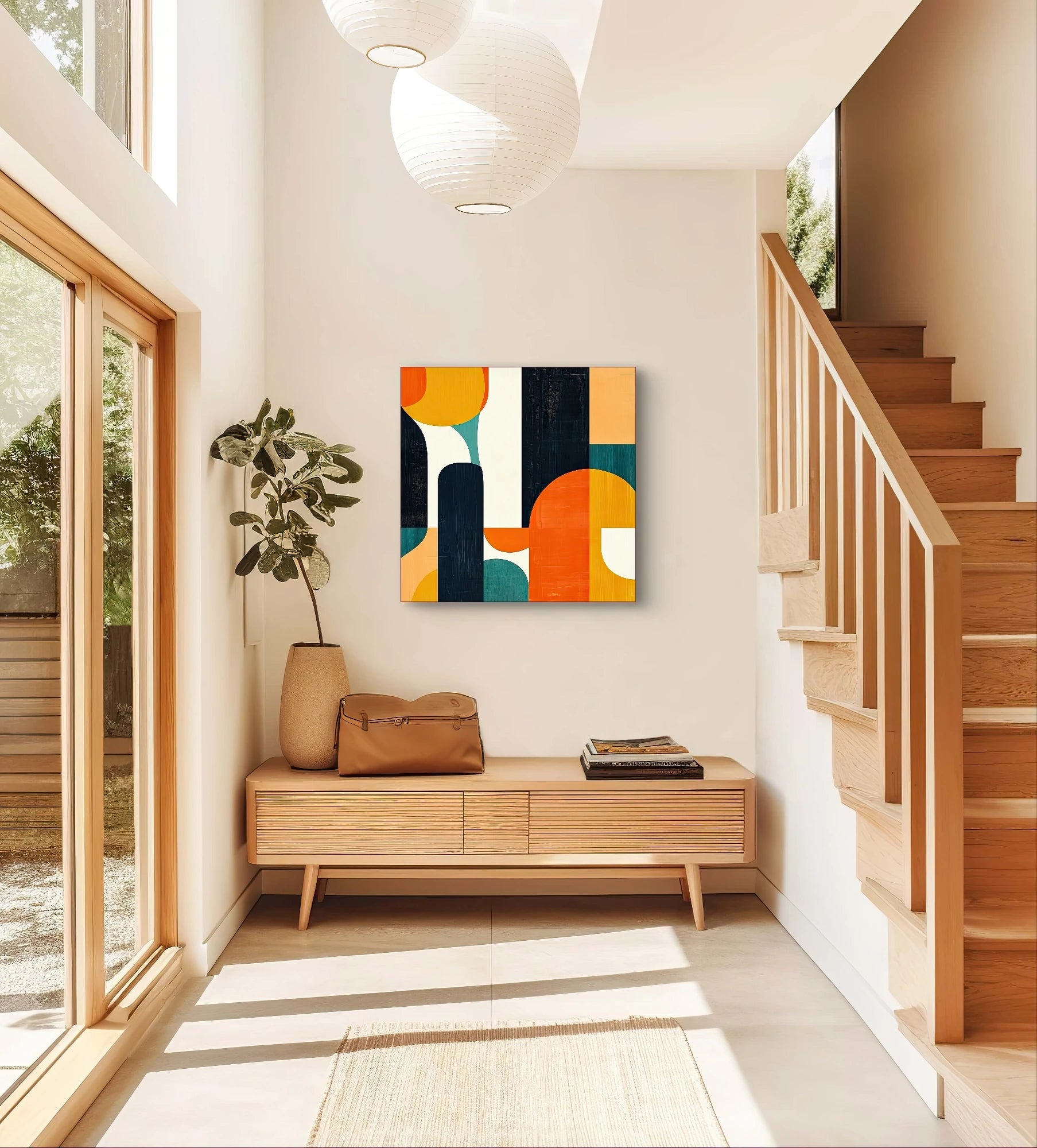 Moderne wanddecoratie met abstracte vormen in oranje geel blauwgroen en zwart in warm interieur
