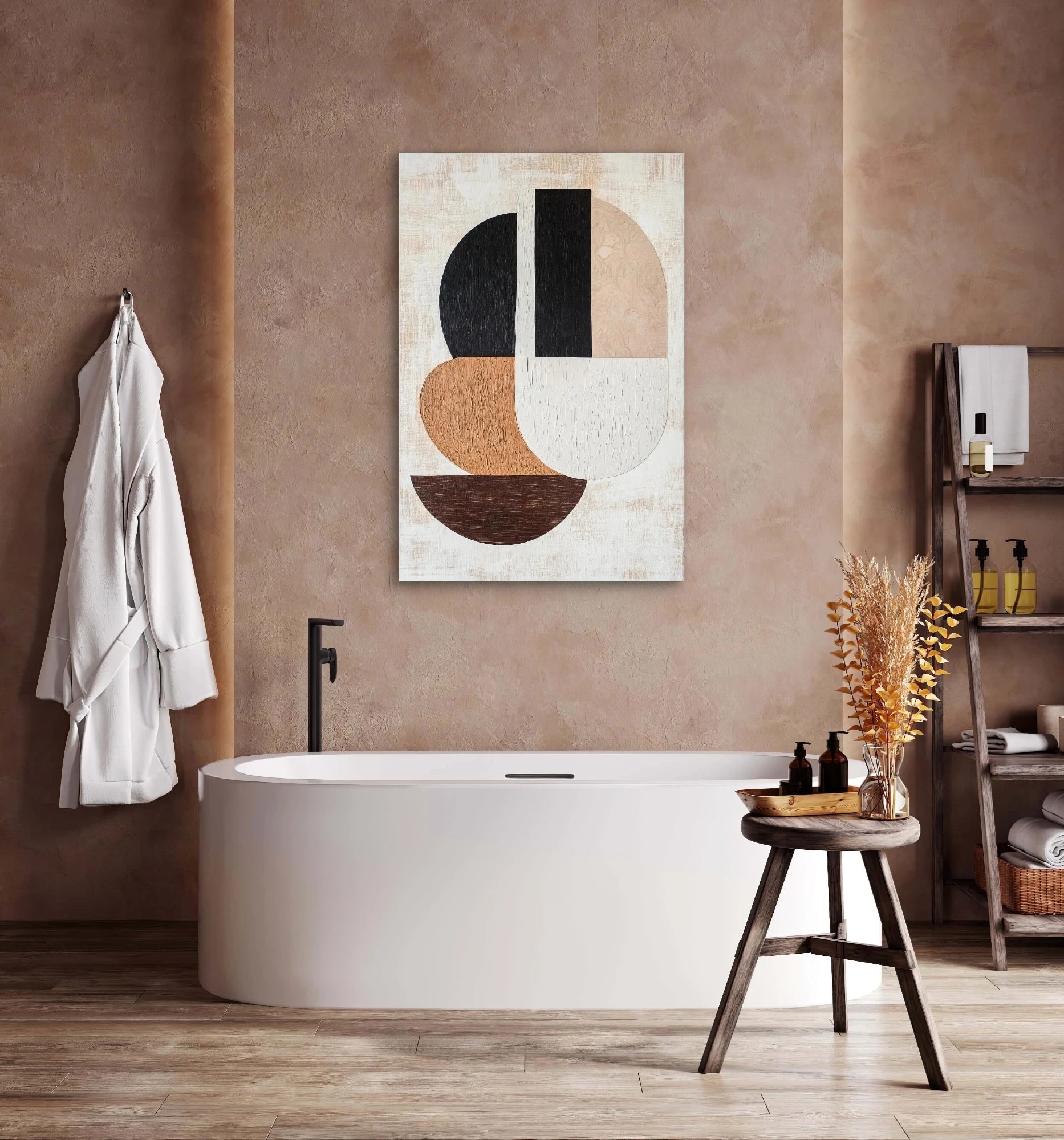 Moderne wanddecoratie met geometrische vormen in bruin, beige, zwart en wit in natuurlijke badkameromgeving
