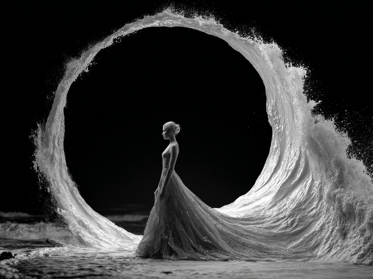 Volledige weergave van Getij, zwart-wit kunstwerk met elegante golven en serene compositie
