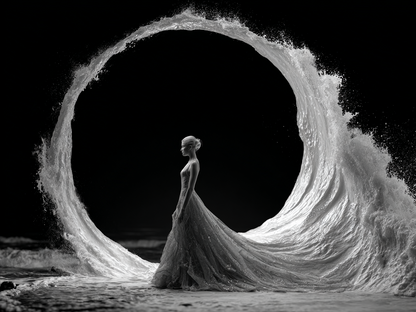 Volledige weergave van Getij, zwart-wit kunstwerk met elegante golven en serene compositie

