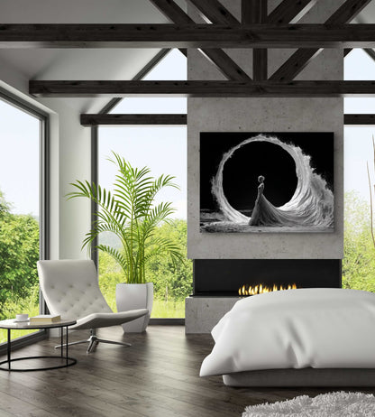  Getij wandkunst in modern interieur met zwart-wit contrast en natuurlijke lichtval
