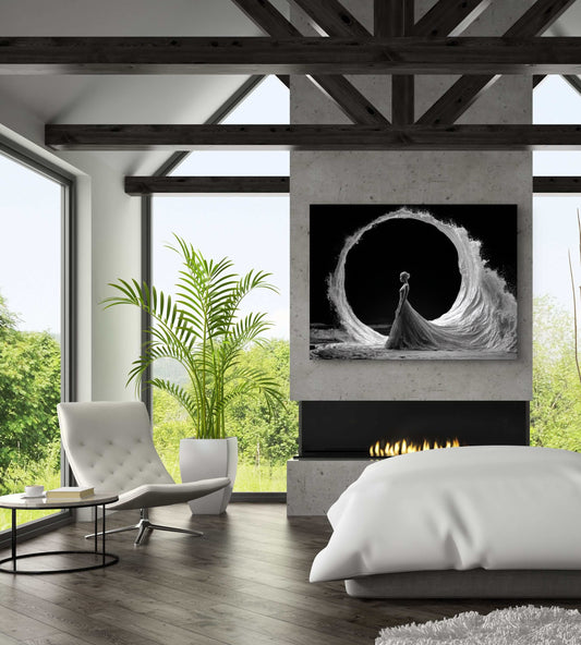  Getij wandkunst in modern interieur met zwart-wit contrast en natuurlijke lichtval
