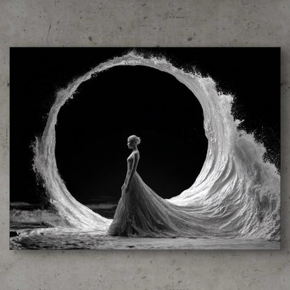 Detail van Getij wandkunst met vloeiende lijnen en sterke contrasten
