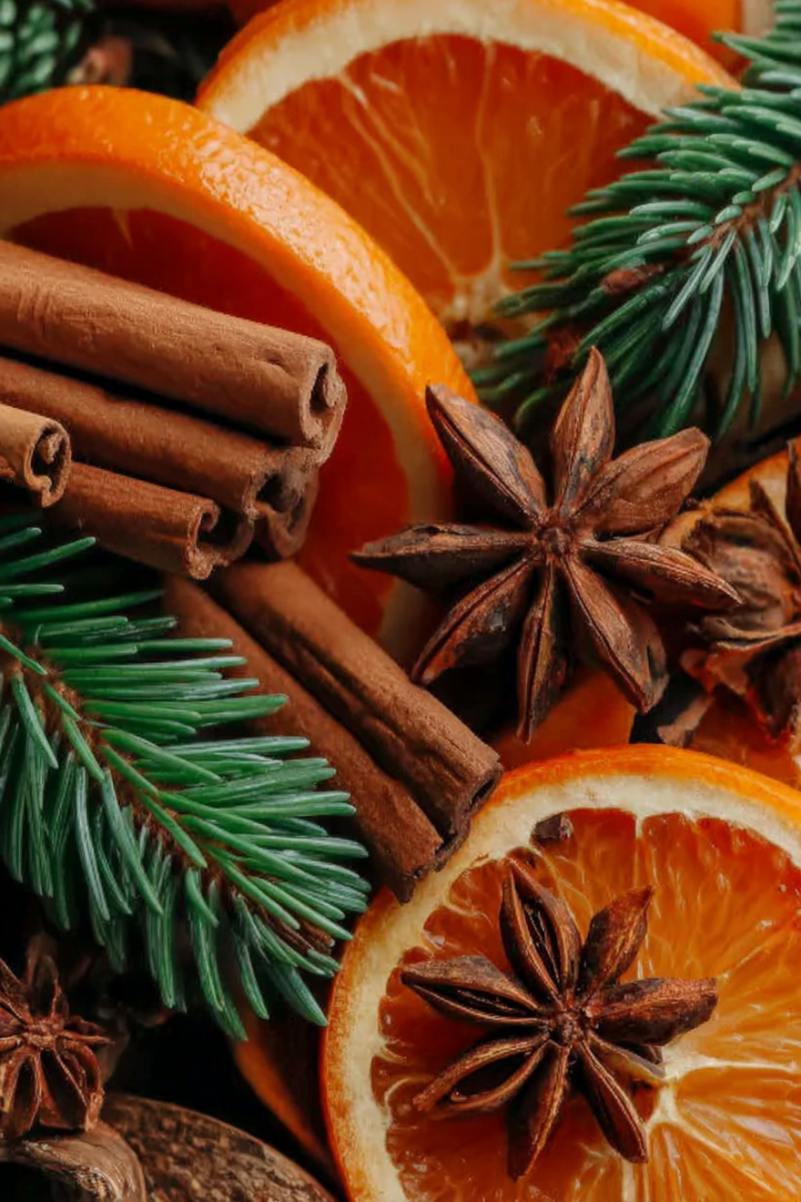 Volledig kunstwerk Geur van Winter met stilleven van kruiden, specerijen en sinaasappel in warme tinten 
