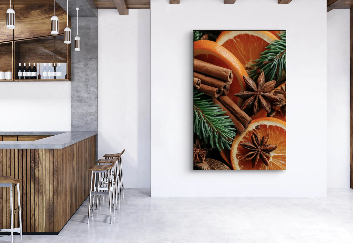 Mock-up van kunstwerk Geur van Winter aan de muur in moderne keuken met houten bar en krukken 
