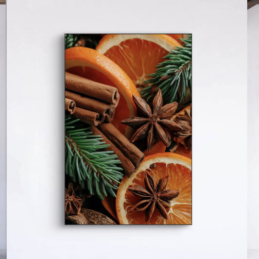 Detailopname van kunstwerk Geur van Winter met sinaasappel, kaneel, steranijs en dennetakken 
