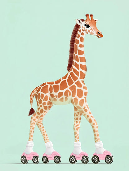 Volledige illustratie van een giraf met roze rolschaatsen, staand tegen een mintgroene achtergrond in een humoristische stijl.
