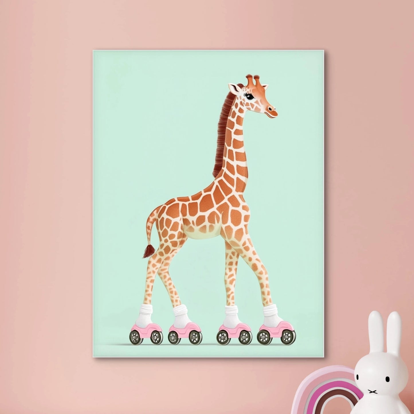 Detailweergave van een elegante giraf op vier paar roze rolschaatsen met witte sokken, op een effen mintgroene achtergrond.
