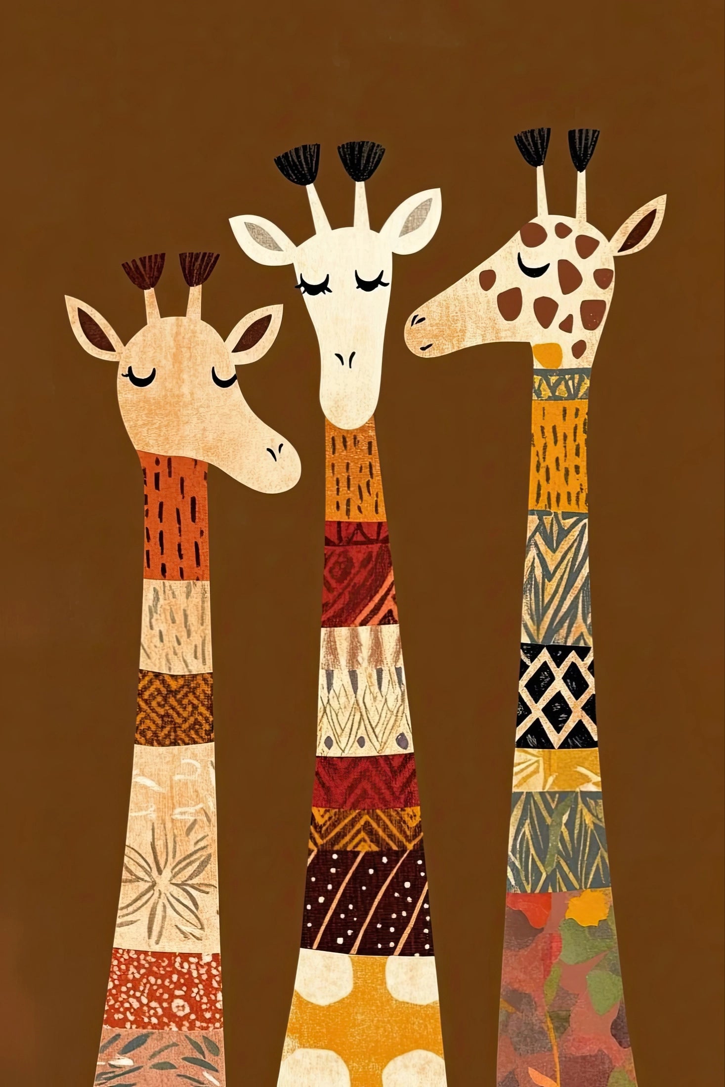 Kunstwerk met drie giraffen op bruine achtergrond in warme aardetinten en Afrikaanse motieven
