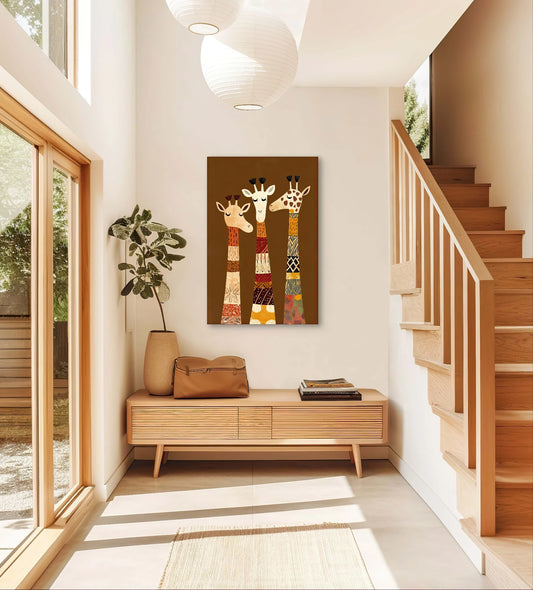 Illustratie van drie giraffen aan bruine muur in zonnige hal met houten trap en kast
